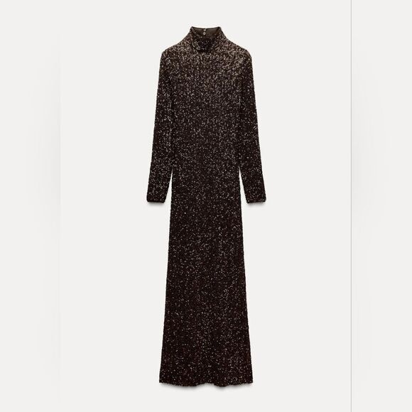 RUNS LARGE NWT ZARA SEQUIN LONG DRESS ZW COLLECTION Mocha Color - Picture 9 of 15